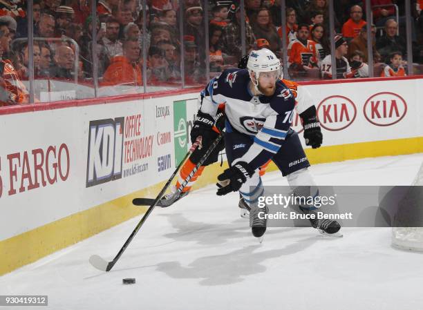 Joe Morrow of the Winnipeg Jets skates against the Philadelphia Flyers at the Wells Fargo Center on March 10, 2018 in Philadelphia, Pennsylvania.