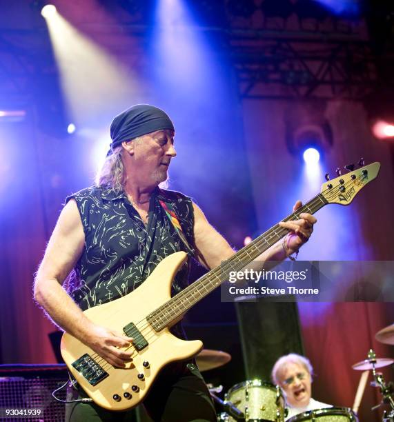 Roger Glover and Ian Paice of Deep Purple perform on stage at the LG Arena on November 13, 2009 in Birmingham, England.