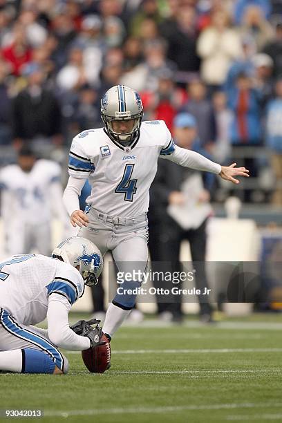 Jason Hanson of the Detroit Lions kicks the field goal during the game against the Seattle Seahawks on November 8, 2009 at Qwest Field in Seattle,...