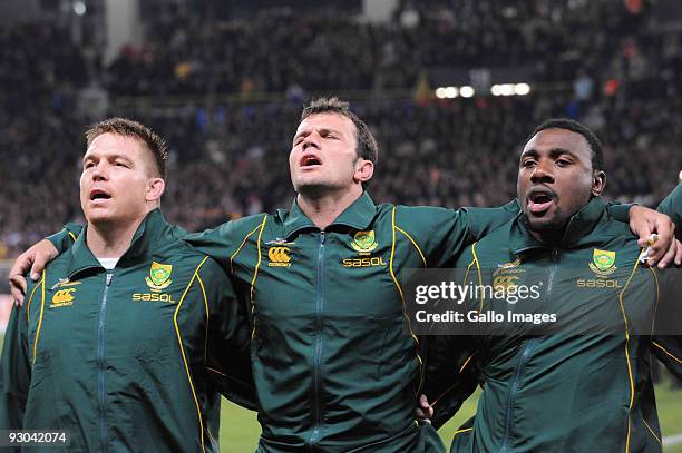 John Smit of South Africa, Bismark du Plessis and Tendai Mtawarira during the International match between France and South Africa at Toulouse Stadium...