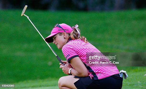 Paula Creamer of the United States reacts after just missing her birdie putt on the 11th green during the second round of the Lorena Ochoa...
