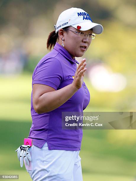 Jiyai Shin of South Korea reacts after a birdie putt on the 14th green during the second round of the Lorena Ochoa Invitational Presented by Banamex...