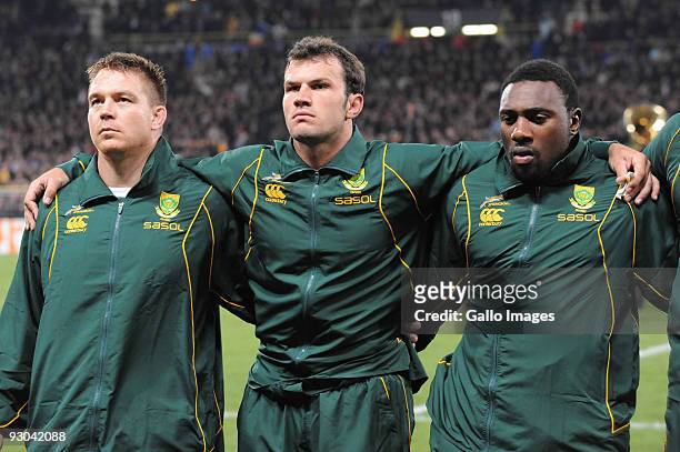 John Smit of South Africa, Bismark du Plessis and Tendai Mtawarira during the International match between France and South Africa at Toulouse Stadium...