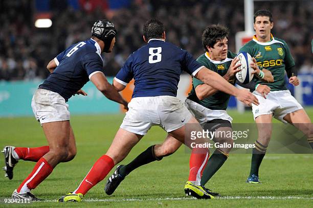 Louis Picamoles of France about to tackle Jaque Fourie of South Africa during the International match between France and South Africa at Toulouse...
