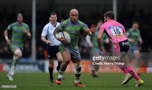Nili Latu of Newcastle Falcons looks to break past Santiago Cordero of Exeter Chiefs during the Anglo-Welsh Cup Semi Final match between Exeter...
