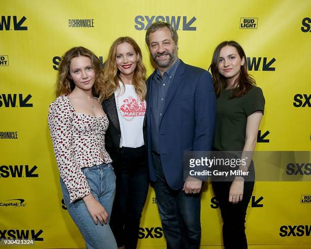 Iris Apatow, Leslie Mann, Judd Apatow and Maude Apatow attend the premiere of Blockers at the Paramount Theatre on March 10, 2018 in Austin, Texas.