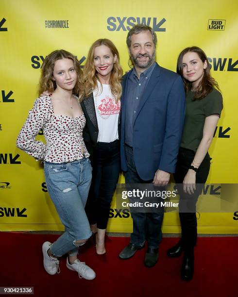 Iris Apatow, Leslie Mann, Judd Apatow and Maude Apatow attend the premiere of Blockers at the Paramount Theatre on March 10, 2018 in Austin, Texas.