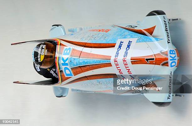 Pilot Sandra Kiriasis and Berit Wiacker of Germany take their first run in the FIBT Women's Bobsled World Cup Park City at the Utah Olympic Park on...