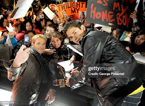 Actors Kellan Lutz and Bronson Pelletier visit MuchOnDemand to promote their new movie "The Twilight Saga: New Moon" at the MuchMusic HQ on November...