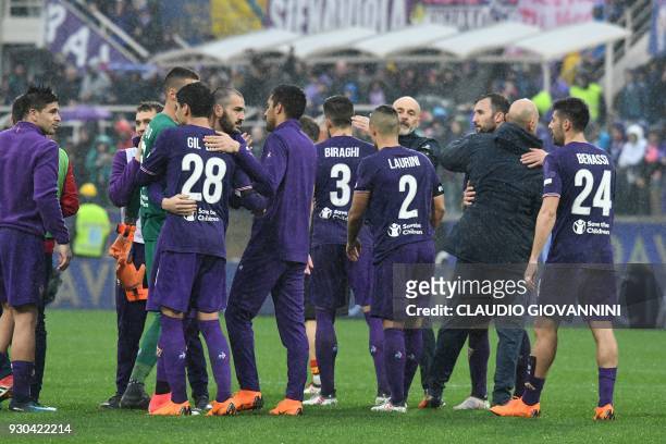 Fiorentina's players comfort each others, on March 11, 2018 at the end of the Italian Serie A football match Fiorentina vs Benevento at the Artemio...