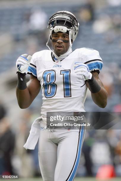 Calvin Johnson of the Detroit Lions walks on the field before the game against the Seattle Seahawks on November 8, 2009 at Qwest Field in Seattle,...