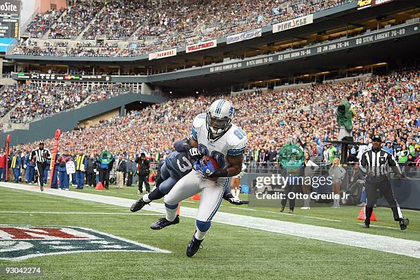 Bryant Johnson of the Detroit Lions makes a catch in the endzone during the game against the Seattle Seahawks on November 8, 2009 at Qwest Field in...