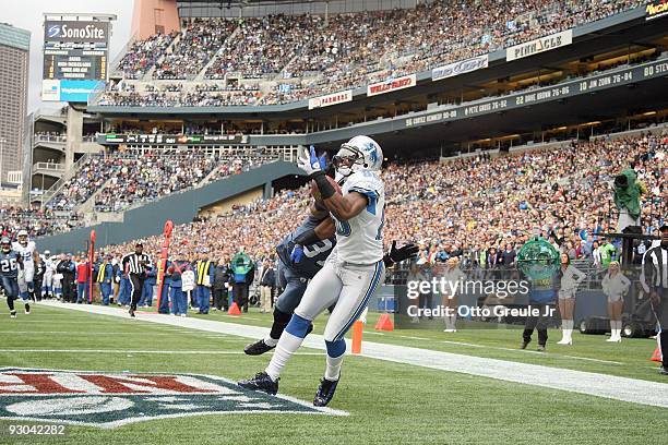 Bryant Johnson of the Detroit Lions makes a catch in the endzone during the game against the Seattle Seahawks on November 8, 2009 at Qwest Field in...