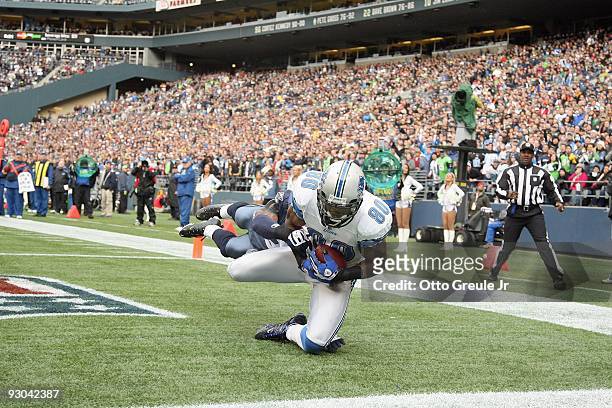 Bryant Johnson of the Detroit Lions makes a catch in the endzone during the game against the Seattle Seahawks on November 8, 2009 at Qwest Field in...
