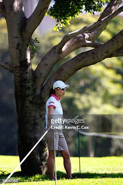 Sun Young Yoo of South Korea leans up against the rope around the 11th fairway during the second round of the Lorena Ochoa Invitational Presented by...