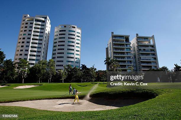 Hur of South Korea chips out of the sand onto the 10th green during the second round of the Lorena Ochoa Invitational Presented by Banamex and Corona...