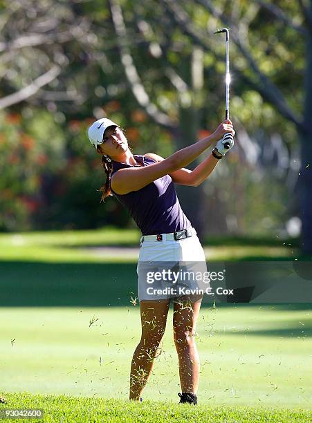 Michelle Wie of the United States plays her second shot in the 11th fairway during the second round of the Lorena Ochoa Invitational Presented by...