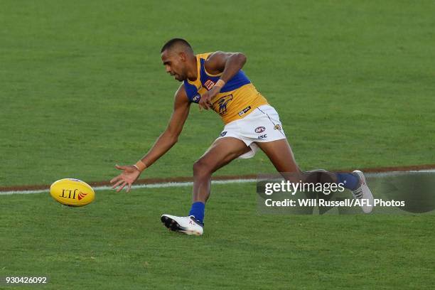 Lewis Jetta of the Eagles controls the ball during the JLT Community Series AFL match between the Fremantle Dockers and the West Coast Eagles at HBF...