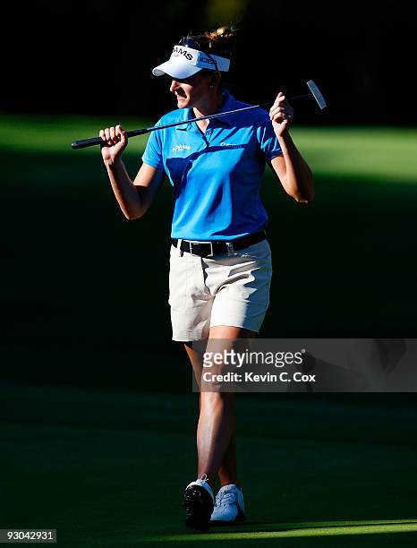 Brittany Lang of the United States reacts after her putt on the 14th green during the second round of the Lorena Ochoa Invitational Presented by...