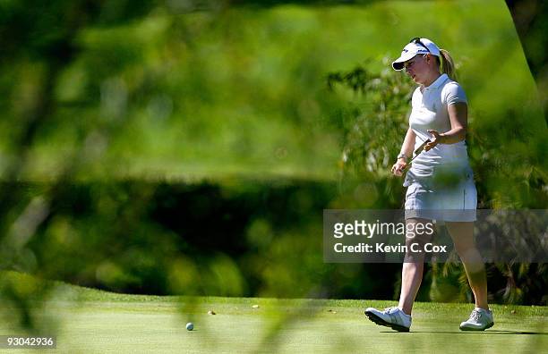 Morgan Pressel of the United States lines up her putt on the eighth green during the second round of the Lorena Ochoa Invitational Presented by...