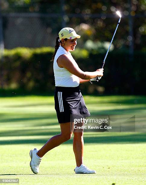 Mariajo Uribe of Colombia reacts after her second shot from the 11th fairway during the second round of the Lorena Ochoa Invitational Presented by...