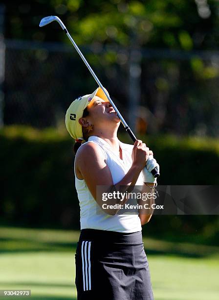Mariajo Uribe of Colombia reacts after her second shot from the 11th fairway during the second round of the Lorena Ochoa Invitational Presented by...