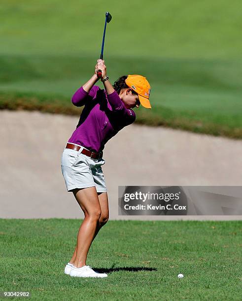 Loreno Ochoa plays her second shot on the first hole during the second round of the Lorena Ochoa Invitational Presented by Banamex and Corona at...