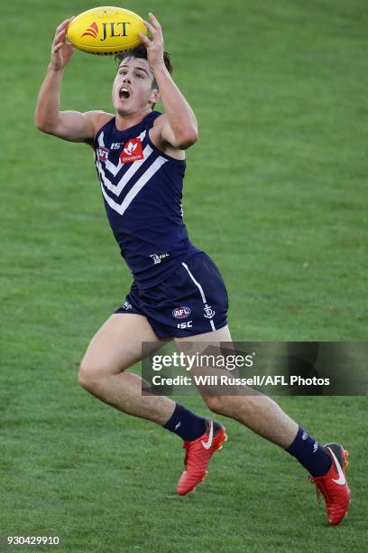 Andrew Brayshaw of the Dockers marks the ball during the JLT Community Series AFL match between the Fremantle Dockers and the West Coast Eagles at...