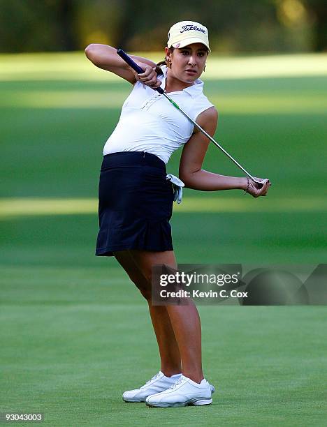 Mariajo Uribe of Colombia reacts after her putt on the 14th green during the second round of the Lorena Ochoa Invitational Presented by Banamex and...