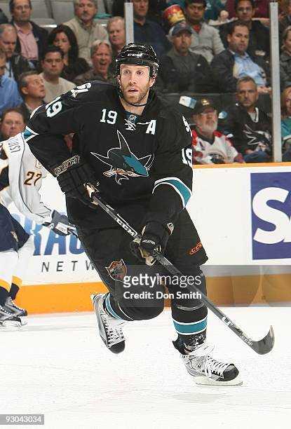 Joe Thornton of the San Jose Sharks looks to make a play on the puck during an NHL game against the Nashville Predators on November 10, 2009 at HP...