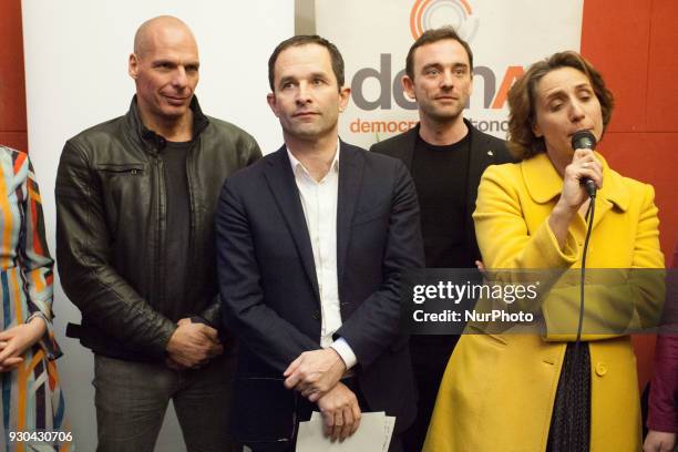 Former Finance Minister of Greece Yanis Varoufakis and Former French Socialist minister Benoit Hamon during the press conference of the Diem25 in...