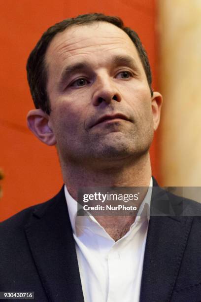 Former French Socialist minister Benoit Hamon during the press conference of the Diem25 in Palazzo Venezia in Naples, Italy on March 10, 2018.