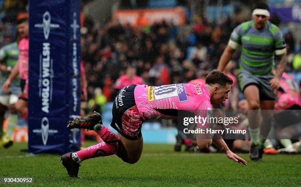 Joe Simmonds of Exeter Chiefs goes over to score his sides second try during the Anglo-Welsh Cup Semi Final match between Exeter Chiefs and Newcastle...