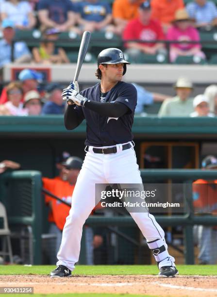 Pete Kozma of the Detroit Tigers bats during the Spring Training game against the Miami Marlins at Publix Field at Joker Marchant Stadium on March 2,...