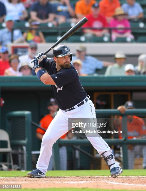 Derek Norris of the Detroit Tigers bats during the Spring Training game against the Miami Marlins at Publix Field at Joker Marchant Stadium on March...