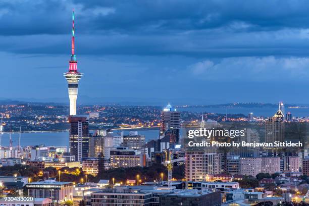 auckland skyline at night, view from mt eden, north island, new zealand - auckland skyline stockfoto's en -beelden