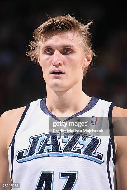 Andrei Kirilenko of the Utah Jazz stands on the court during the game against the San Antonio Spurs at Energy Solutions Arena on November 05, 2009 in...