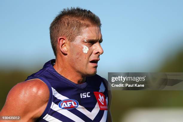 Aaron Sandilands of the Dockers looks on during the JLT Community Series AFL match between the Fremantle Dockers and the West Coast Eagles at HBF...