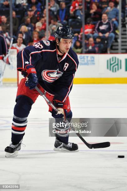 Defenseman Rostislav Klesla of the Columbus Blue Jackets skates with the puck against the Detroit Red Wings on November 11, 2009 at Nationwide Arena...