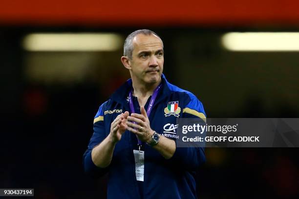 Italy's Irish coach Conor O'Shea is seen before kick off of the Six Nations international rugby union match between Wales and Italy at the...