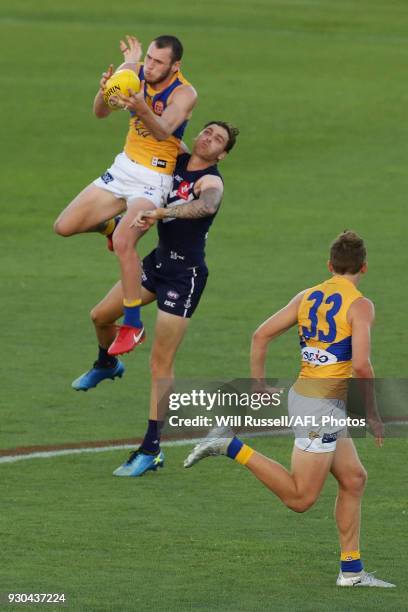 Daniel Venables of the Eagles takes an overhead mark during the JLT Community Series AFL match between the Fremantle Dockers and the West Coast...