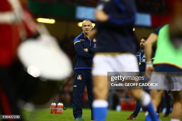 Italy's Irish coach Conor O'Shea is seen before kick off of the Six Nations international rugby union match between Wales and Italy at the...