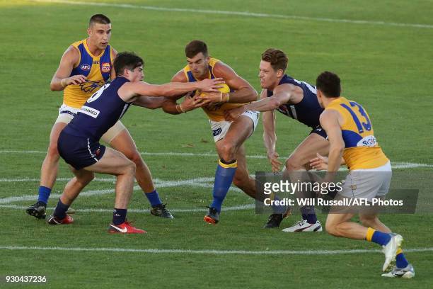 Scott Lycett of the Eagles in action during the JLT Community Series AFL match between the Fremantle Dockers and the West Coast Eagles at HBF Arena...