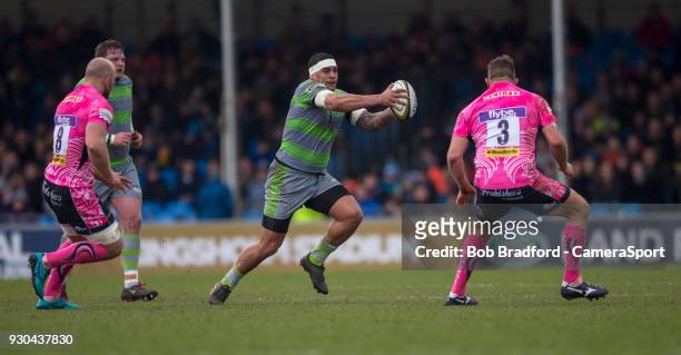 Newcastle Falcons' Joel Matavesi in action during todays match during the Anglo Welsh Cup Semi Final match between Exeter Chiefs and Newcastle...