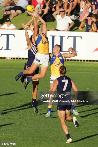 Elliot Yeo of the Eagles takes an overhead mark during the JLT Community Series AFL match between the Fremantle Dockers and the West Coast Eagles at...