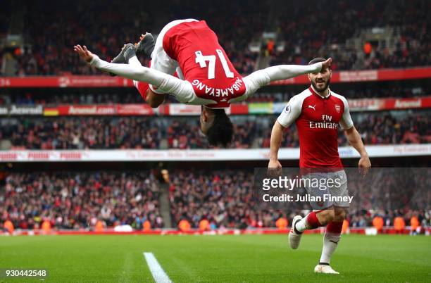 Pierre-Emerick Aubameyang of Arsenal celebrates scoring the 2nd Arsenal goal with Sead Kolasinac of Arsenal during the Premier League match between...