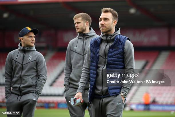 Tottenham Hotspur's Christian Eriksen inspects the pitch ahaed of the Premier League match at the Vitality Stadium, Bournemouth.