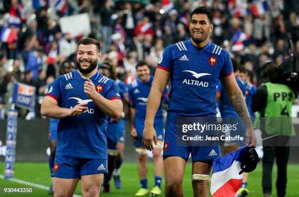 Rabah Slimani, Sebastien Vahaamahina of France celebrate the victory following the NatWest 6 Nations Crunch match between France and England at Stade...