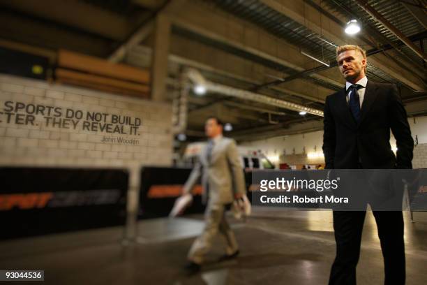 David Beckham of the Los Angeles Galaxy arrives prior to their MLS Western Conference Championship game against the Houston Dynamo at The Home Depot...