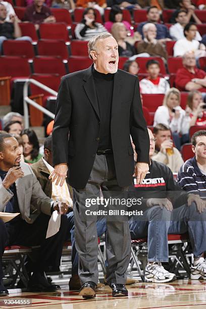 Head coach Rick Adelman of the Houston Rockets shouts from the sideline during the preseason game against the Dallas Mavericks on October 23, 2009 at...